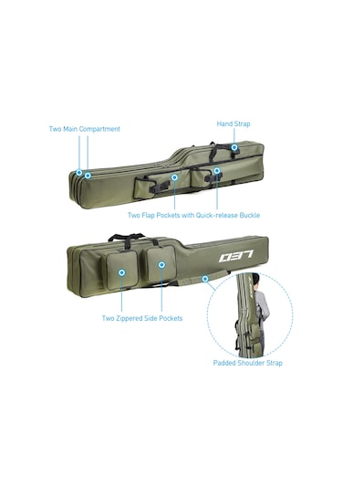 İki Katmanlı 130 Cm Olta Makara Çantası Olta Kamışı Yeşil Ordu