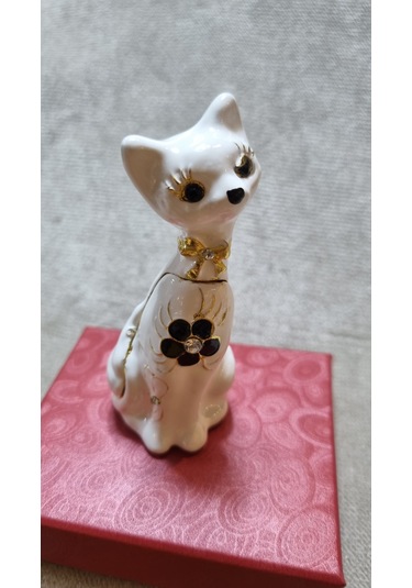 Zirkon Taşlı Emaye Beyaz Kedi Kutu Biblo 001