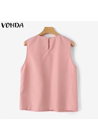 Vonda Kadın Yaz Yuvarlak Yaka Kolsuz Düğmeli Düz Renk Günlük Tank Pembe