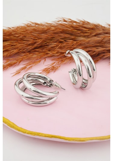 Kadın Kararmaz Boru Halka Küpe Gümüş-M Gümüş