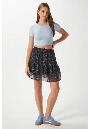 Kadın Juliet Siyah Çiçekli Astarlı Volanlı Mini Şifon Dokuma Etek