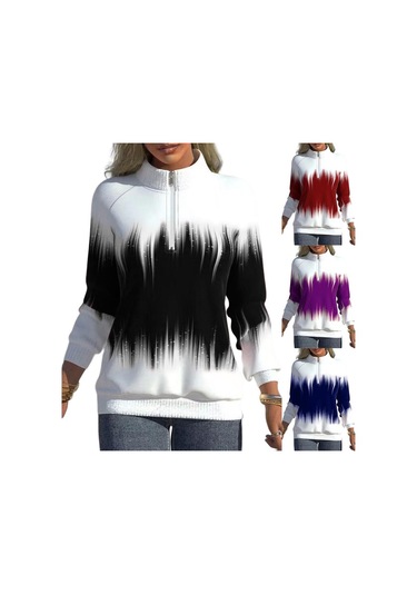 Sonbahar Ve Kış Kadın Ceket Kademeli Değişim Baskılı Yaka Fermuar Uzun Kollu Kış Tarzı Yarım Yüksek Yaka Hırka Ceket Kaban Mavi