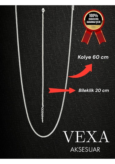 İthal Premium 3 Mm Kararmaz Örme Çelik Kolye Ve Bileklik Set - Kutulu Ve Hediyeli Ürün Gümüş