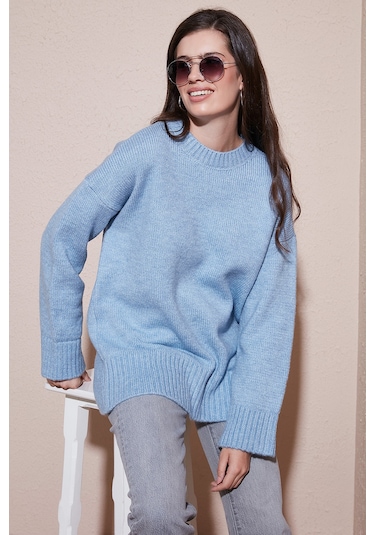 Lela Regular Fit Bisiklet Yaka Basic Triko Bayan Kazak 4616213 Bebe Mavi