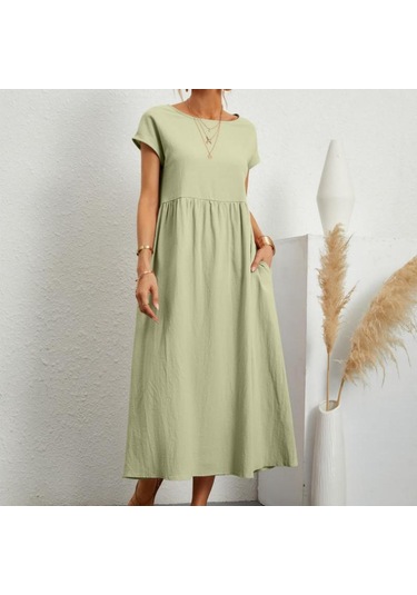 2022 Yeni Düz Renk Kolsuz Etek Gevşek Pamuk Keten Elbise Ekleme Cepler Elbise Yeşil