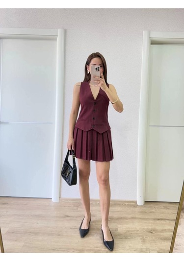 Keten Takım Görünümlü Düğme Detaylı Yelekli Mini Elbise - Bordo Bordo