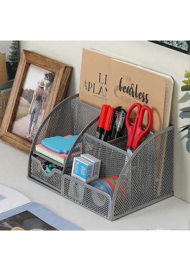 Ganzhoushop Ofis Mesh Masa Düzenleyici Çok Yönlü Kırtasiye Depolama Masaüstü Düzenleyici Kalemlik Çekmeceli, Gri