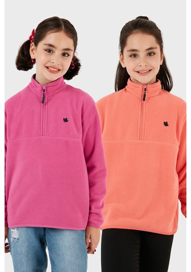 Lela Yumuşak Dokulu Fermuarlı Dik Yaka Şardonlu 2'Li Paket Çocuk Polar 5905002S2 Fuşya-Somon