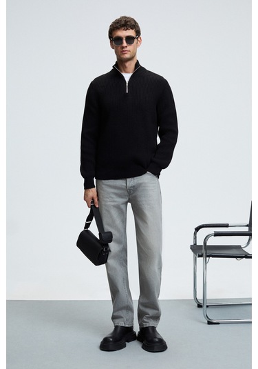 BERNARDO Erkek Yarım Fermuarlı Dik Yaka Triko Siyah Kazak