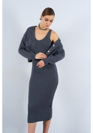 Fitilli Elbise Hırkalı Takım - Füme Çok Renkli