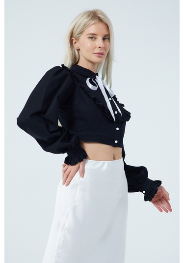 Fiyonk Fırfır Detaylı Poplin Gömlek Siyah