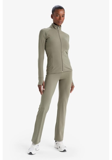 Defacto Defactofit Fitted Vücuda Oturan Ultra Soft Dik Yaka Çift Cepli Parmak Detaylı Fermuarlı Spor Hırka B3985ax25aukh422 Haki