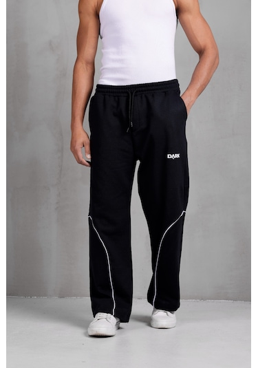 Dark Moda Erkek Oval Şeritli Baskılı Yazlık Baggy Eşofman Siyah