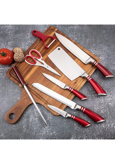 Bıçak Seti, Bileme, Makas, Sopa Paslanmaz Çelik Kırmızı İle 9 Parçalı Mutfak Bıçağı Seti Kırmızı