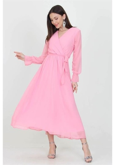 Kadın Kuşaklı Uzun Şifon Elbise Dpkts003 Pudra