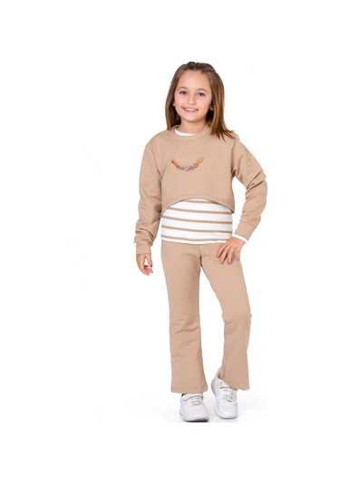 Kız Çocuk 3'lü Takım Pantolon+bluz+t-shirt 12125 Vizon