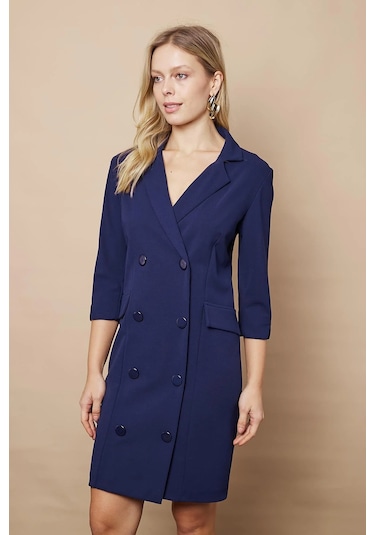 Yakalı Sırt Dekolteli Anvelop Truvakar Kol Likralı Krep Kumaş Düğmeli Ceket Elbise-lacivert Lacivert