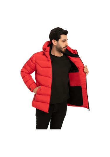 Erkek Kapüşonlu Polarlı Kürklü Su Geçirmez Rüzgara Dayanıklı Şişme Mont Kaban Parka Kırmızı