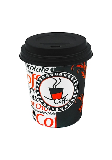 8 Oz Plastik Kapaklı Karton Kahve Bardak 250 ML 100 Adet Siyah