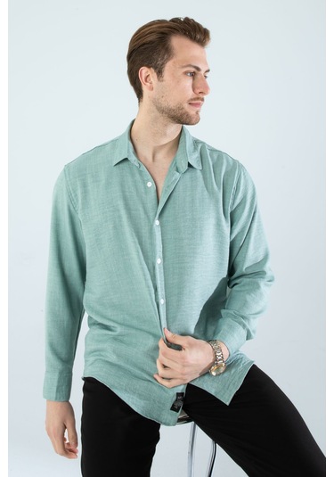 Rahat Kesim Keten Dokulu Gömlek Mint