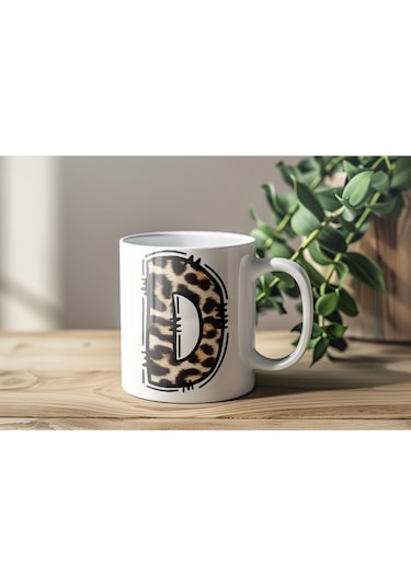 D Baş Harf Leopar Desenli Kupa Bardak - Kişiye Özel Feminen Konsept Hediye - Vahşi Hayvan Desenli Beyaz