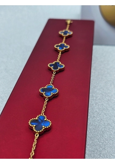 Sedefli Mavi Çelik Bileklik Gold Renk Yoncalı Model Altın
