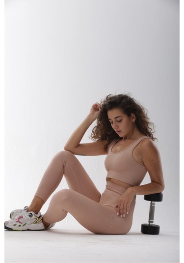 Seamless Pudra Normal Bel Fitted Basic Sporcu Tayt Takımı Pudra