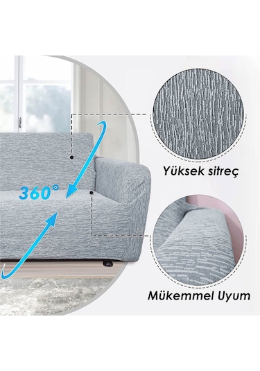 Jakarlı Düz Desen Likralı Esnek Yikanabilir Koltuk Örtüsü 3+2+1+1 Koltuk Takımı Koltuk Kılıfı Gri