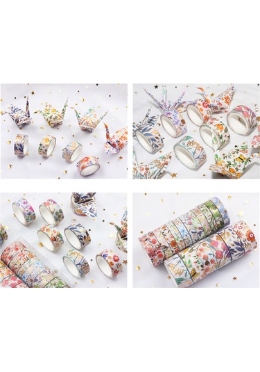 Springsun 18 Rulo Altın Varaklı Çiçekli Washi Bant Seti Dıy, Scrapbook & Hediye Paketi İçin Botanik Desenler