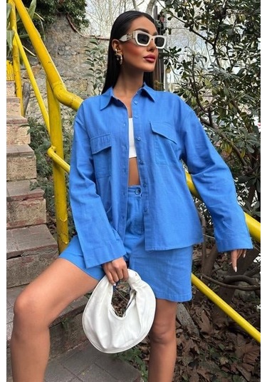 Gömlek Ve Şort Flamlı Keten Takım 10130 Mavi