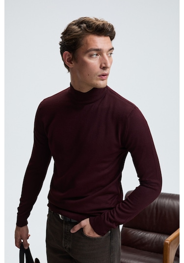 REBEL Erkek Yarım Balıkçı Yaka Basic Slim Fit Triko Bordo Kazak