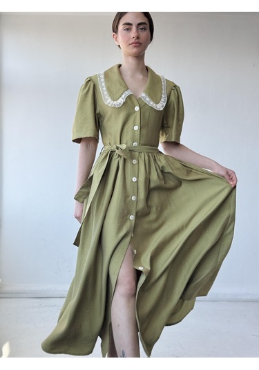 Retrobird 1950'li Yılların Tasarımı Dantelli Betty Maxi Uzun Elbise Kadın Çağla-13916 Çağla Yeşili