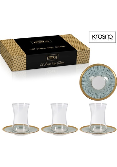 Ipek Krosno Kristal Kesme 6 Kişilik 12 Parça Çay Seti 00822 Altın - Mavi