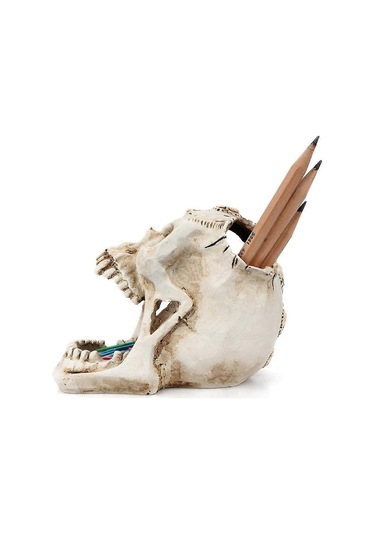 Kafatası Baş Süsü İskelet Kalemlik Masaüstü Kalem Düzenleyici Makyaj Fırçası Araçları Depolama Beyaz