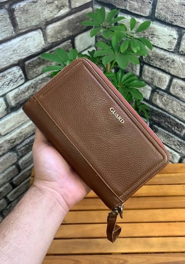 Guard Çift Fermuarlı Taba Hakiki Deri El Çantası Erkek / Kadın P3031 Taba