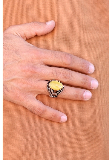 Zülfikar Tasarım Damla Kehribar Taşlı Erkek Gümüş Yüzük 201023191