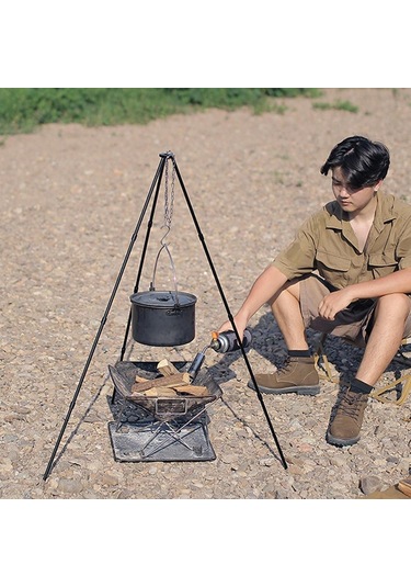 Gümüş Ayrılabilir Açık Kamp Ateşi Tripod Şenlik Ateşi Rafı Taşınabilir Alüminyum Alaşımlı Asılı Pot Standı Katlanır S Gümüş
