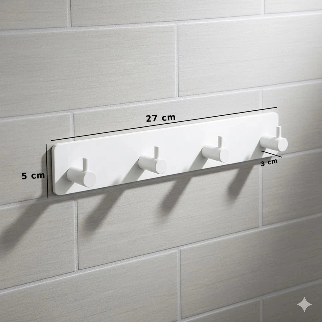Askılık Yapışkanlı Dikdörtgen Çubuklu 4 Kancalı Beyaz Beyaz