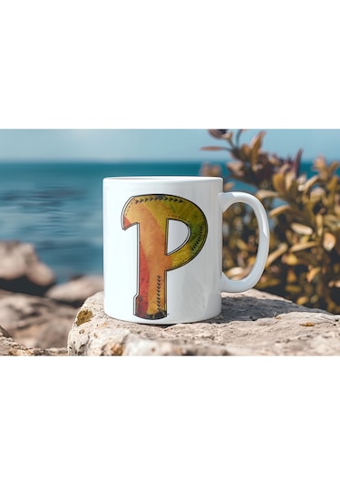 P Harf Yaprak Renkleri İle Kupa Bardak - Kişiye Özel Alfabe Harfli Bardak - Hediye Beyaz