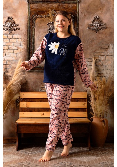 Nisanca Büyük Beden Peluş Polar Pijama Takımı- Kışlık Büyük Beden Kadın Pijama Lacivert