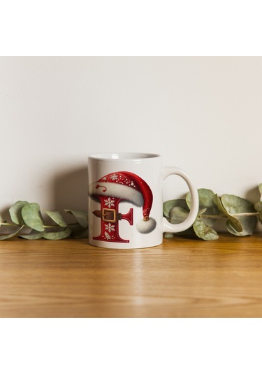 F Harfi Yılbaşı Temalı Bardak 330 Ml Harfli Kişiye Özel Hediye - Yeniyıl / Noel Şapka Tasarım Beyaz