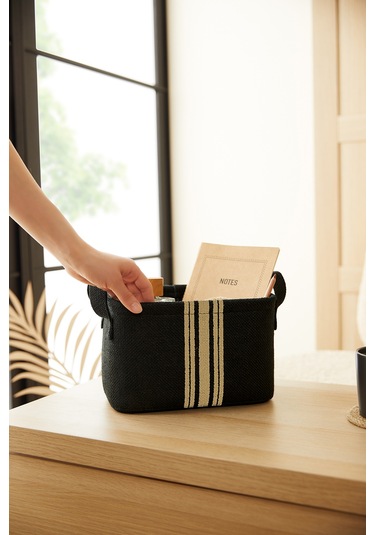 Ocean Home Textile Çizgili Siyah Renk Jüt Sepet 24 x 17 x 14 cm