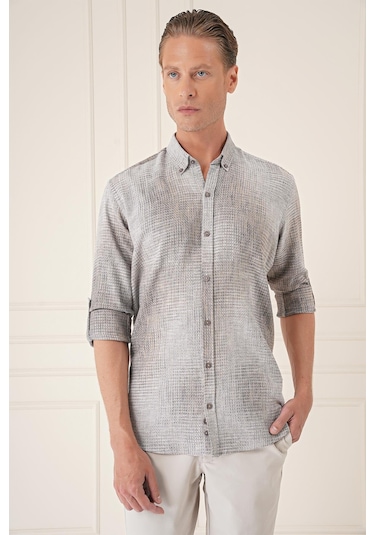 Efor Comfort Fit Batik Desen %100 Keten Bej Gömlek G 1571 Bej