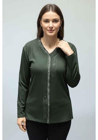 Kadın Önü Kapalı Düğme Detaylı Taşlı Nergis Mevsimlik Bluz Haki
