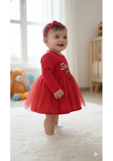 Kız Bebek Yılbaşı Noel Temalı Çilek Elbise Kırmızı