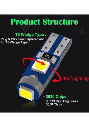 Beyaz 10 Adet T5 Led Ampul W3w W1.2w Led Canbus Araba İç Aydınlatma Pano Isınma Göstergesi Kama Otomatik Gösterge Lambası 12 V