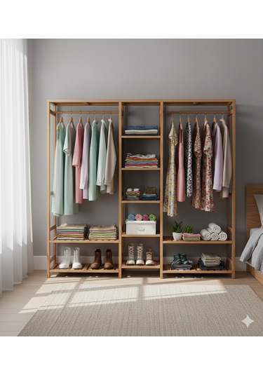 Ahşap Açık Gardırop Elbise Askılığı Kahverengi