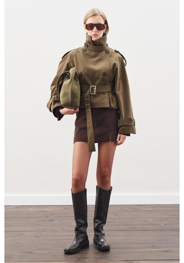 Kemerli Kısa Trençkot Haki Haki