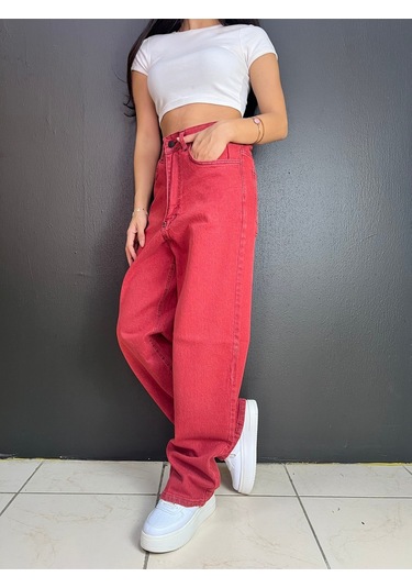 St.poll Vintage Eskitme Yıkama Unisex Baggy Jean Pantolon Vintage Kırmızı