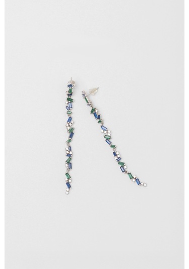 Görkemli Mavi Taşlı 18 Ayar Beyaz Altın Kaplama Gümüş Küpe Rodyum Kaplama